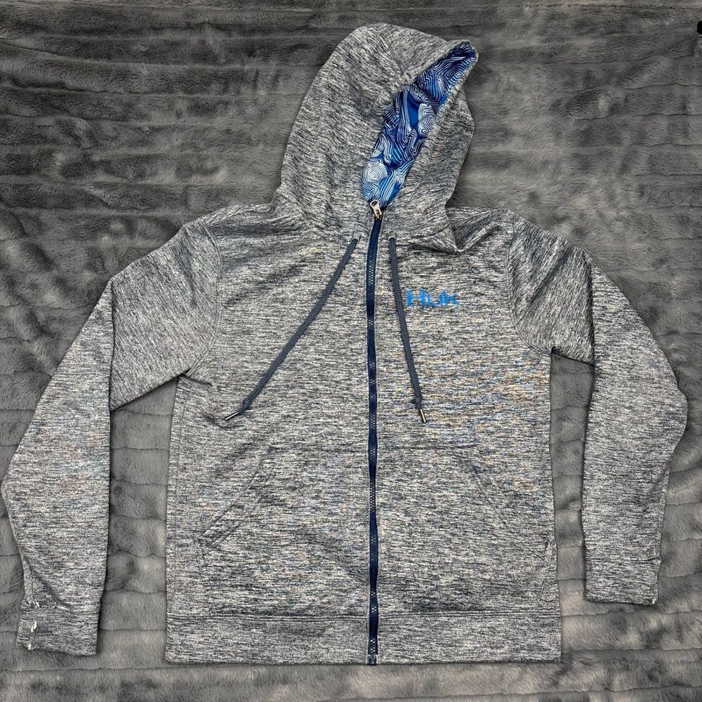 Huk Mens Performance Fishing Full Zip Hoodie Gray Blue Space Dye Fleece Small